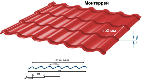 Металлочерепица Монтеррей 0,5 ПЭ RAL3005 (винно-красный), м